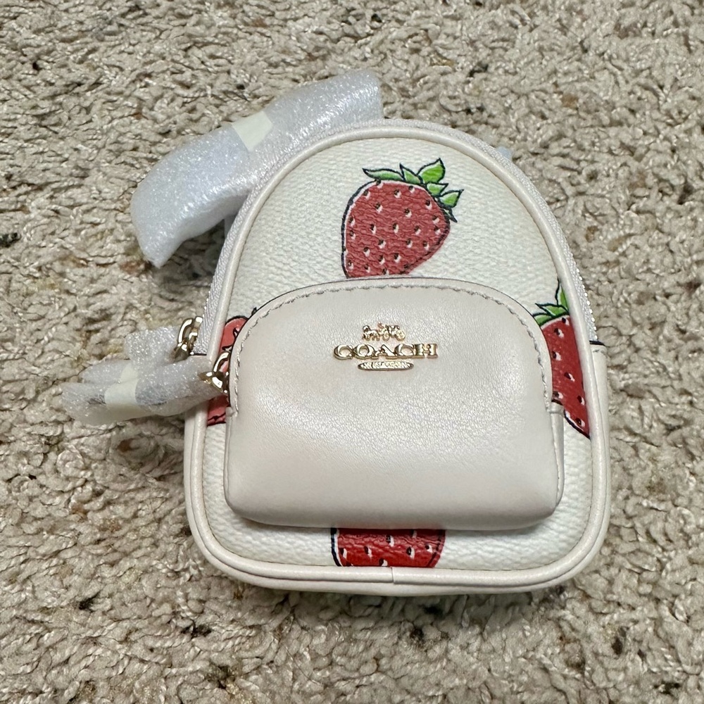 NWT Coach Mini Court Backpack Bag Charm with Strawberry Print
